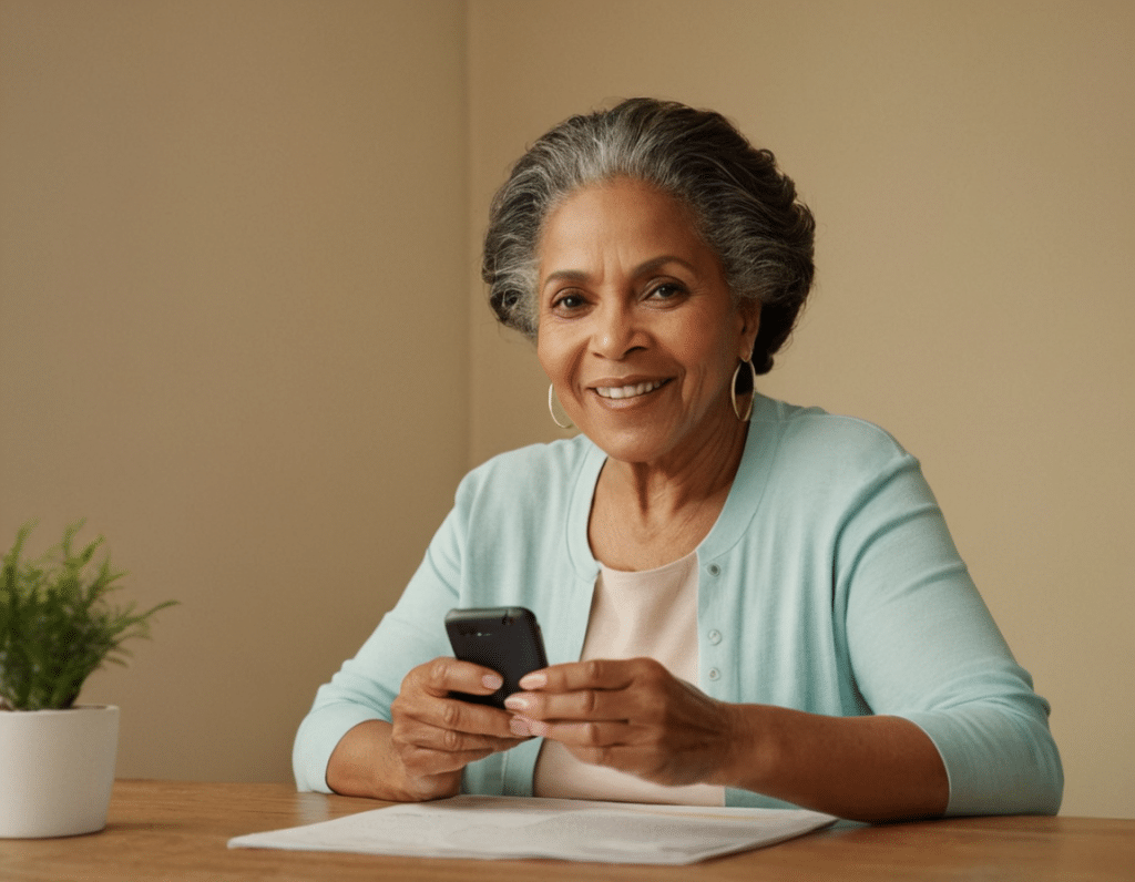 American Assistance Customer Holding Her Free Phone From the Government